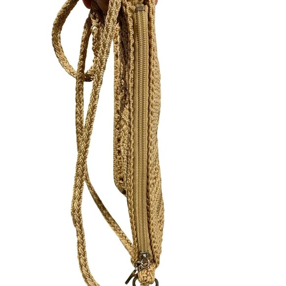 The Sak Womens Crocheted gold metallic underlay Crossbody Bag Beige beach boho - Picture 6 of 14